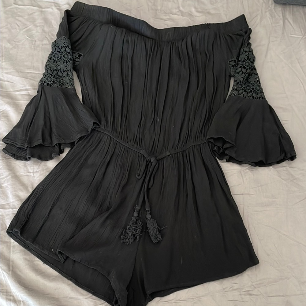 Black Off-Shoulder Romper with Lace Sleeves
